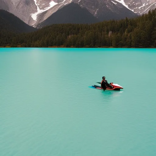 

The image is of a person riding a jet ski on a turquoise blue lake with mountains in the background.