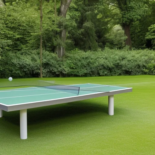 

The image shows a gray outdoor ping pong table with a green playing surface, surrounded by a lush green lawn and trees in the background.