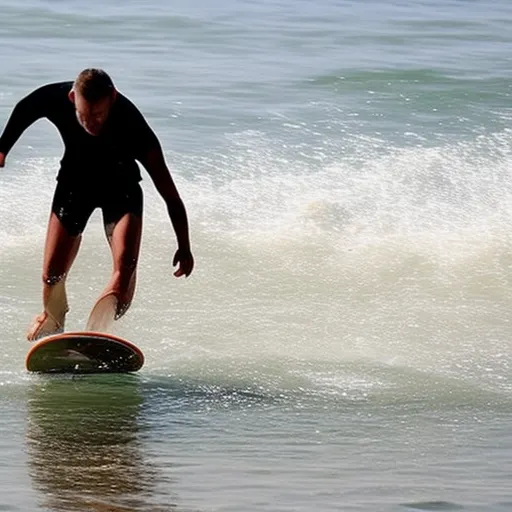 

A person riding a skimboard at high speed across the shallow waters of a beach.