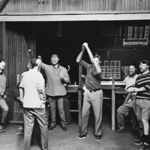 

The image shows a group of people playing darts outside, one person is throwing a dart while others are watching and cheering.