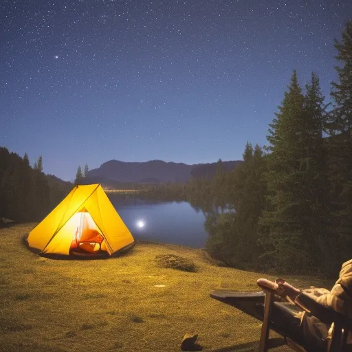 

A picture of a person sitting on a camping chair wearing a cozy, warm pajama set, surrounded by nature and gazing up at the stars.